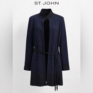 St. John Collection Knit Jacket Belted Blue Black Santana USA Size 14